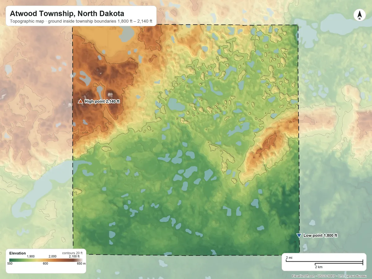 Topographic elevation map of Atwood Township, North Dakota, shaded from 1,800 ft on the south side to 2,140 ft on the west side