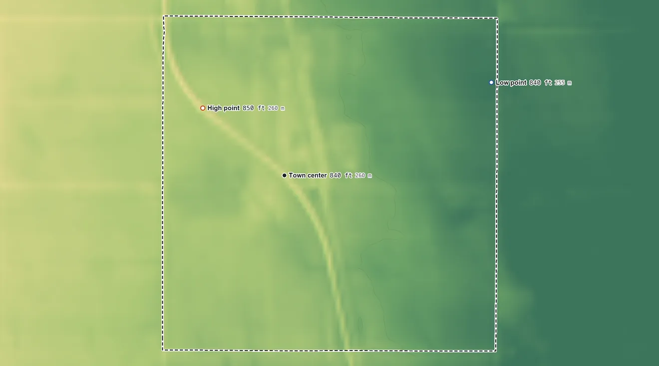 Topographic elevation map of Auburn, North Dakota, shaded from 840 ft on the northeast side to 850 ft on the northwest side