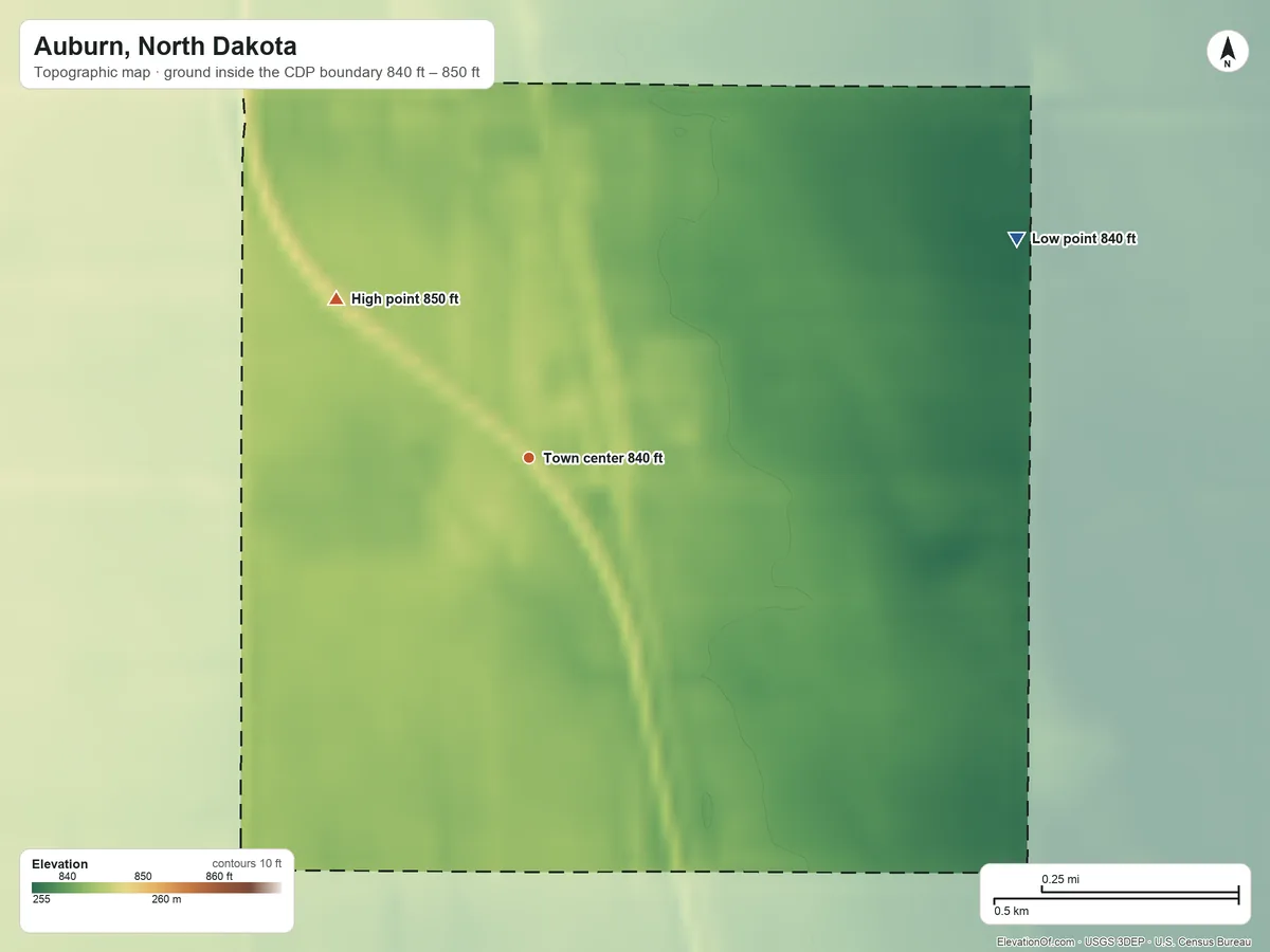 Topographic elevation map of Auburn, North Dakota, shaded from 840 ft on the northeast side to 850 ft on the northwest side