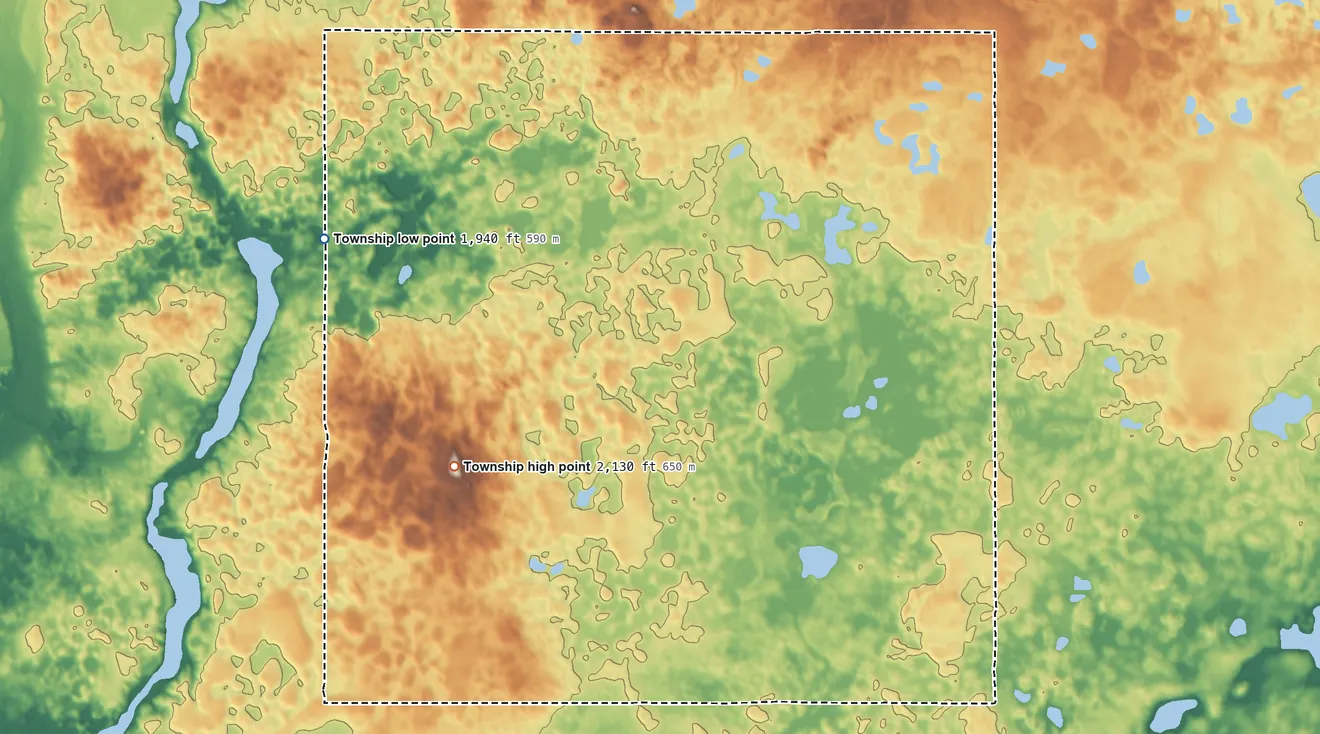 Topographic elevation map of Aurena Township, North Dakota, shaded from 1,940 ft on the west side to 2,130 ft on the southwest side