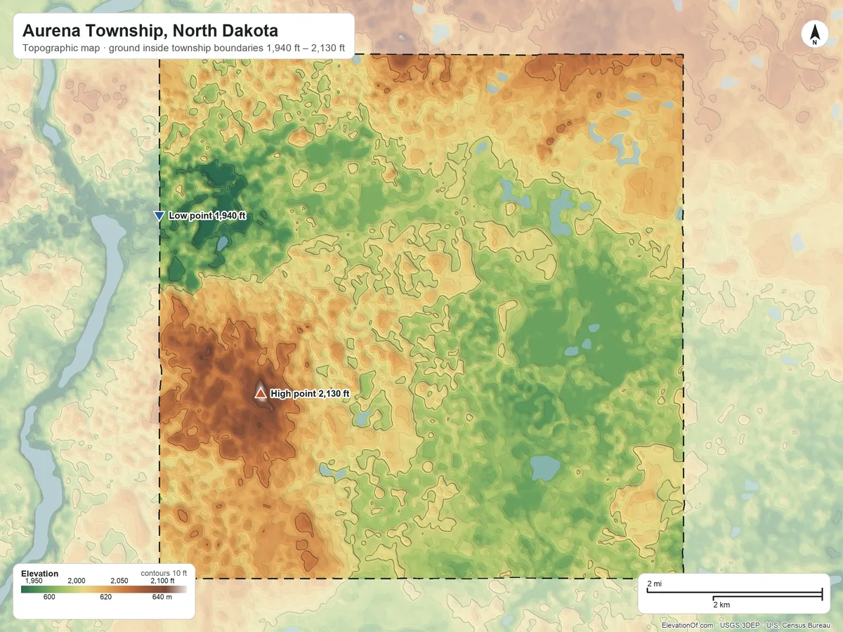 Topographic elevation map of Aurena Township, North Dakota, shaded from 1,940 ft on the west side to 2,130 ft on the southwest side