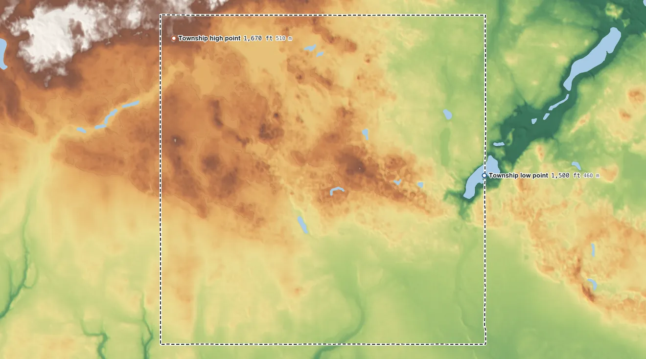 Topographic elevation map of Aurora Township, North Dakota, shaded from 1,500 ft on the southeast side to 1,670 ft on the west side