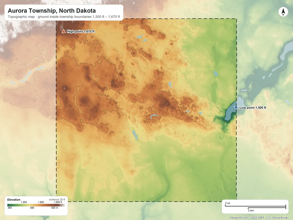 Topographic elevation map of Aurora Township, North Dakota, shaded from 1,500 ft on the southeast side to 1,670 ft on the west side