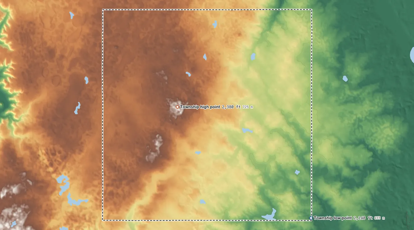 Topographic elevation map of Austin Township, North Dakota, shaded from 2,140 ft on the southeast side to 2,380 ft near the middle