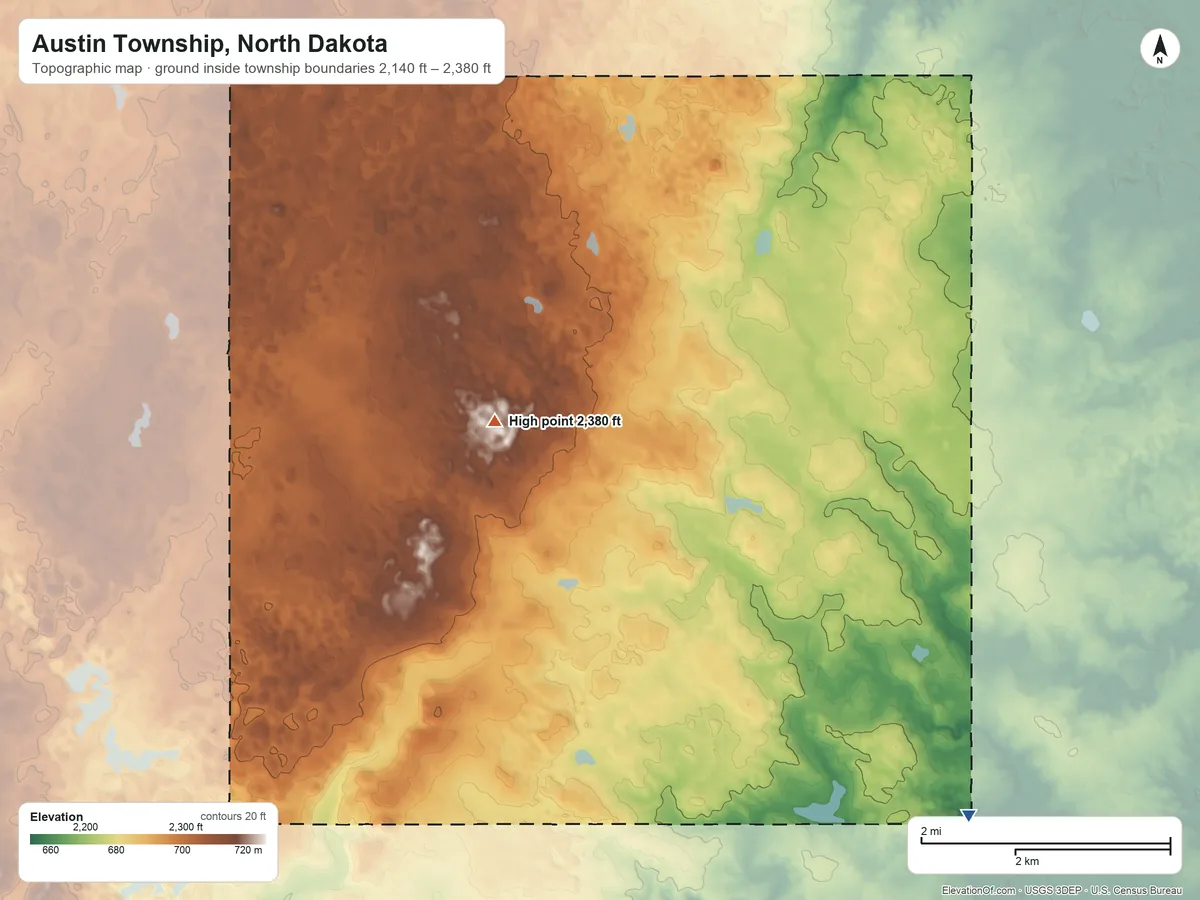 Topographic elevation map of Austin Township, North Dakota, shaded from 2,140 ft on the southeast side to 2,380 ft near the middle