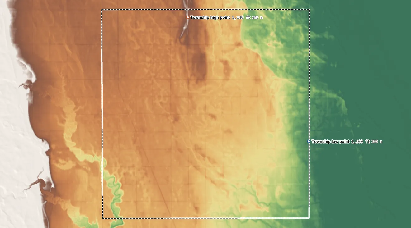 Topographic elevation map of Avon Township, North Dakota, shaded from 1,100 ft on the east side to 1,140 ft on the north side