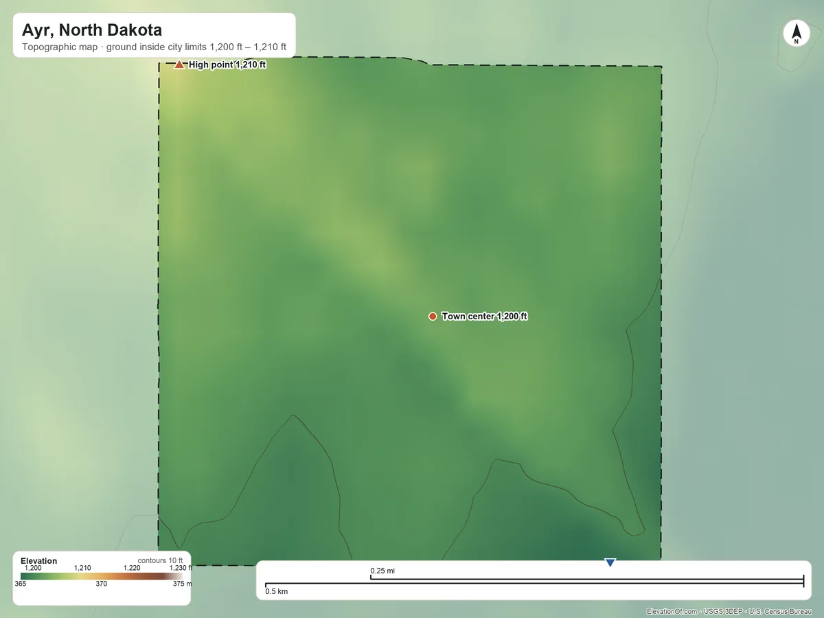 Topographic elevation map of Ayr, North Dakota, shaded from 1,200 ft on the southeast side to 1,210 ft on the northwest side