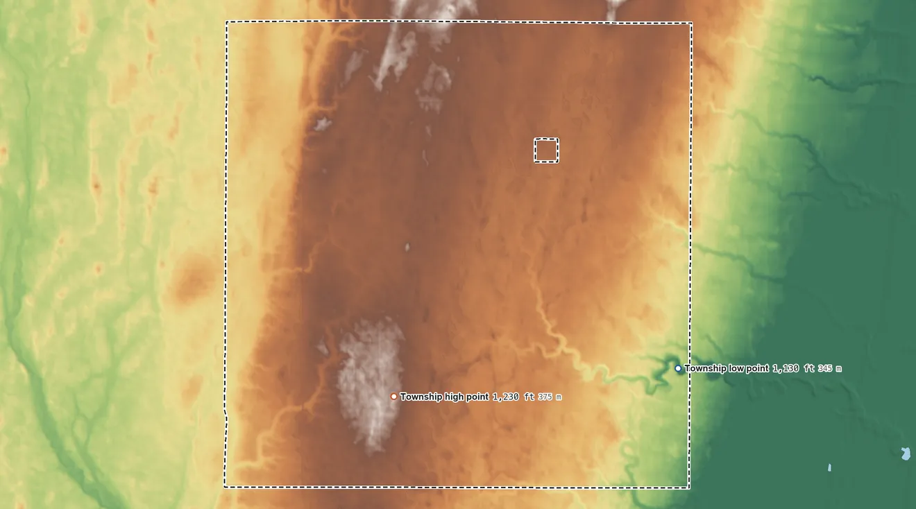 Topographic elevation map of Ayr Township, North Dakota, shaded from 1,130 ft on the east side to 1,230 ft near the middle