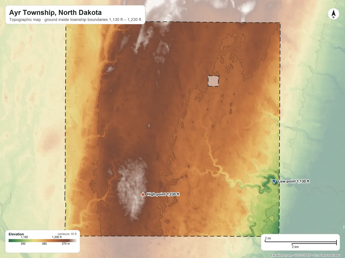 Topographic elevation map of Ayr Township, North Dakota, shaded from 1,130 ft on the east side to 1,230 ft near the middle