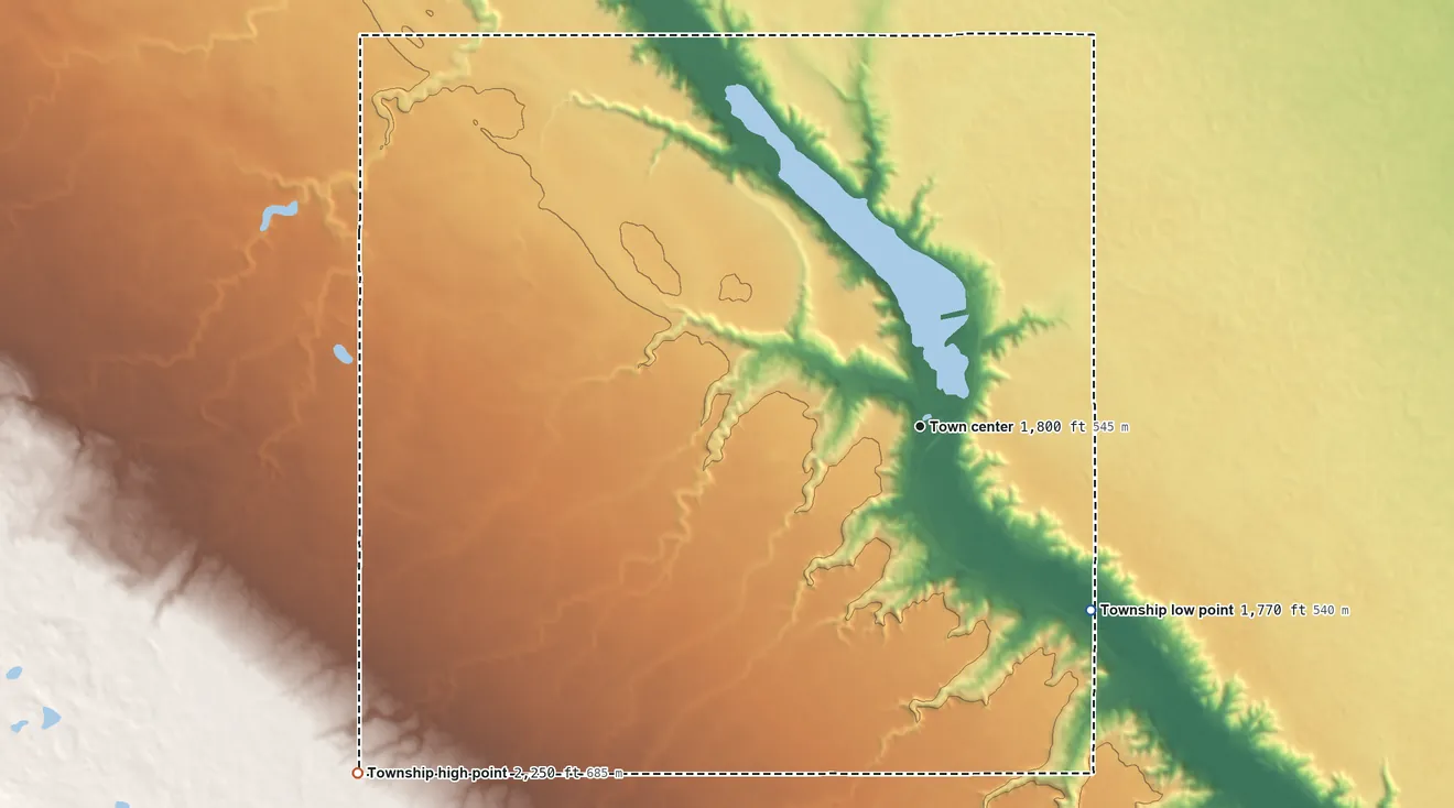 Topographic elevation map of Baden Township, North Dakota, shaded from 1,770 ft on the southeast side to 2,250 ft on the southwest side