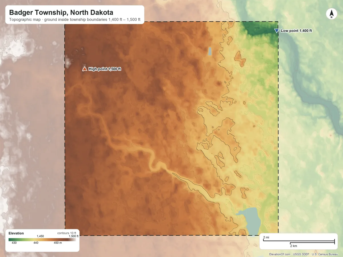 Topographic elevation map of Badger Township, North Dakota, shaded from 1,400 ft on the northeast side to 1,500 ft on the west side