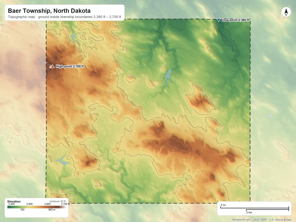 Topographic elevation map of Baer Township, North Dakota, shaded from 2,380 ft on the northeast side to 2,700 ft on the northwest side