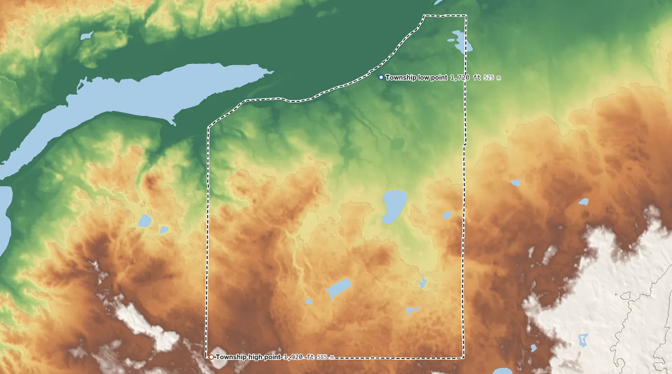 Topographic elevation map of Baker Township, North Dakota, shaded from 1,720 ft on the north side to 1,920 ft on the southwest side