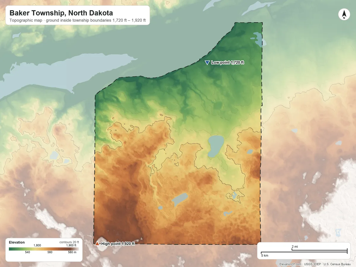 Topographic elevation map of Baker Township, North Dakota, shaded from 1,720 ft on the north side to 1,920 ft on the southwest side