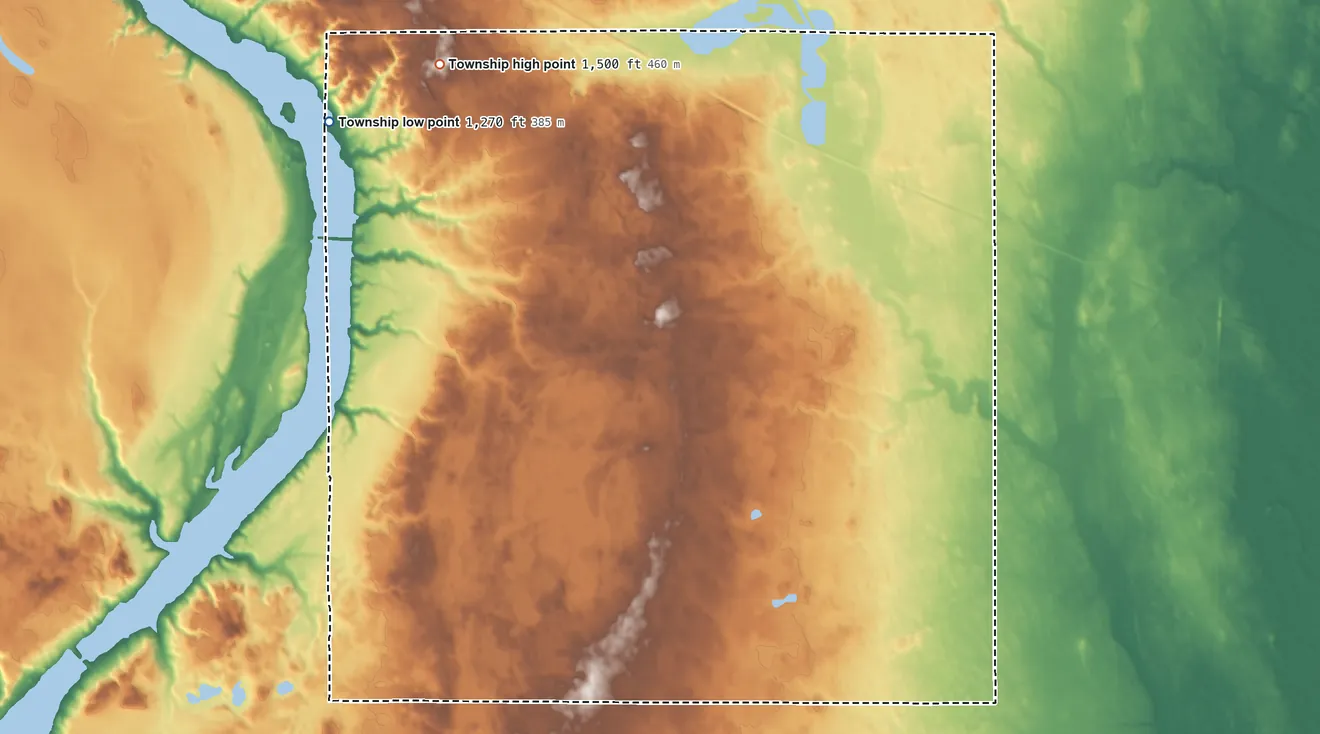 Topographic elevation map of Baldwin Township, North Dakota, shaded from 1,270 ft on the west side to 1,500 ft on the northwest side