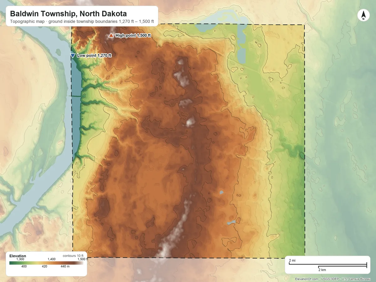 Topographic elevation map of Baldwin Township, North Dakota, shaded from 1,270 ft on the west side to 1,500 ft on the northwest side