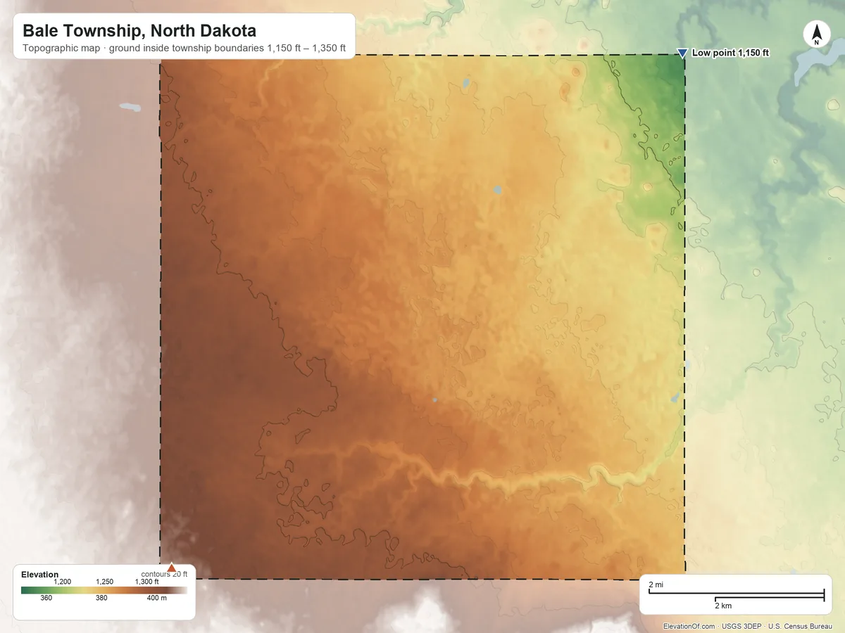 Topographic elevation map of Bale Township, North Dakota, shaded from 1,150 ft on the northeast side to 1,350 ft on the southwest side