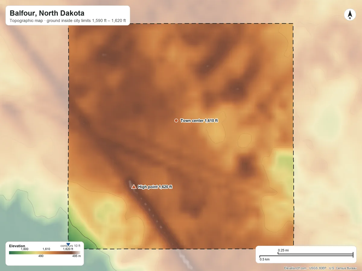 Topographic elevation map of Balfour, North Dakota, shaded from 1,590 ft on the southwest side to 1,620 ft on the southwest side