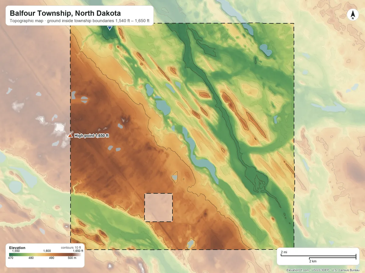 Topographic elevation map of Balfour Township, North Dakota, shaded from 1,540 ft on the northwest side to 1,650 ft on the west side