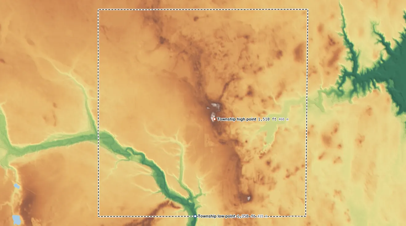 Topographic elevation map of Ball Hill Township, North Dakota, shaded from 1,350 ft on the south side to 1,510 ft near the middle
