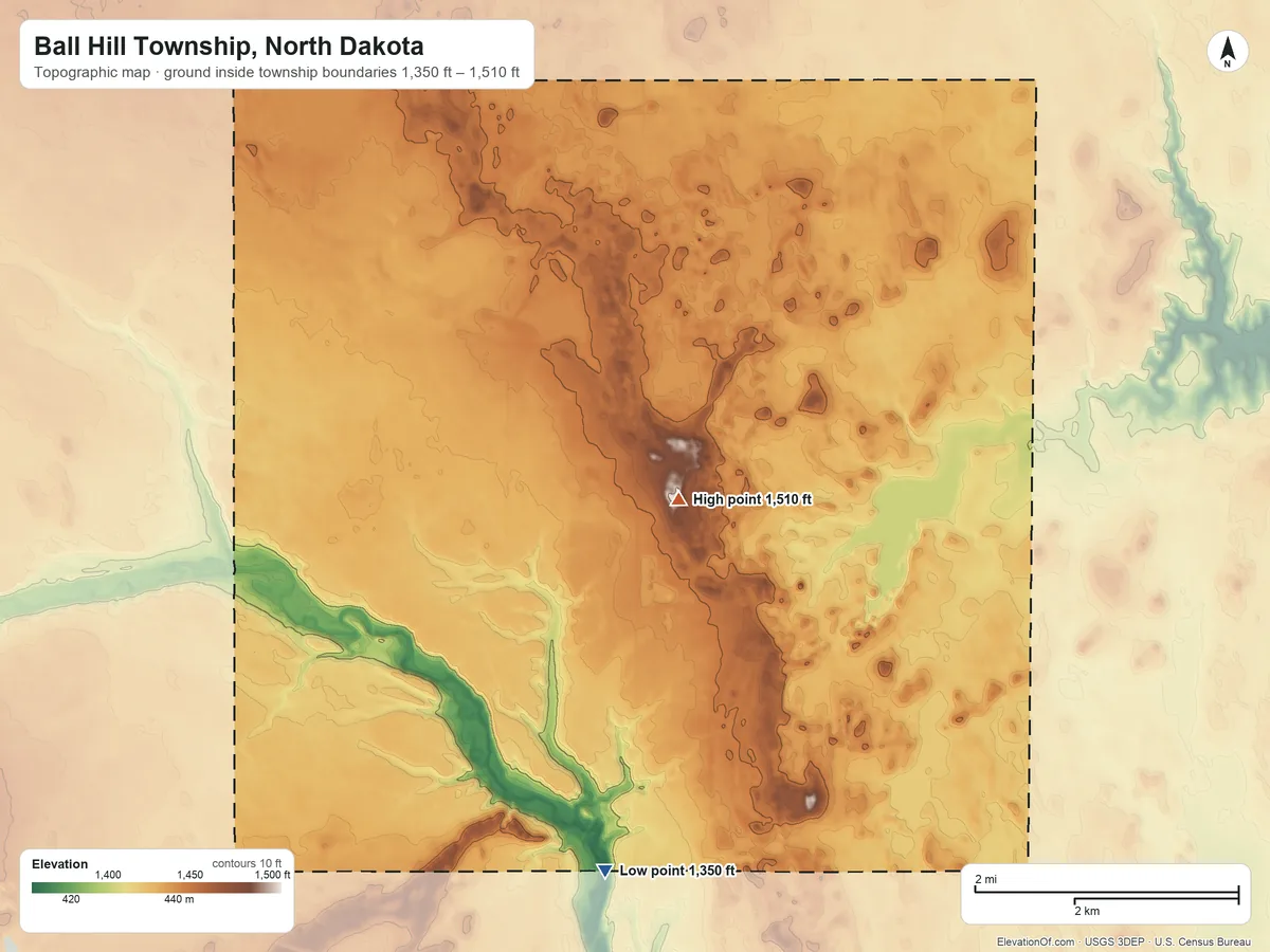 Topographic elevation map of Ball Hill Township, North Dakota, shaded from 1,350 ft on the south side to 1,510 ft near the middle