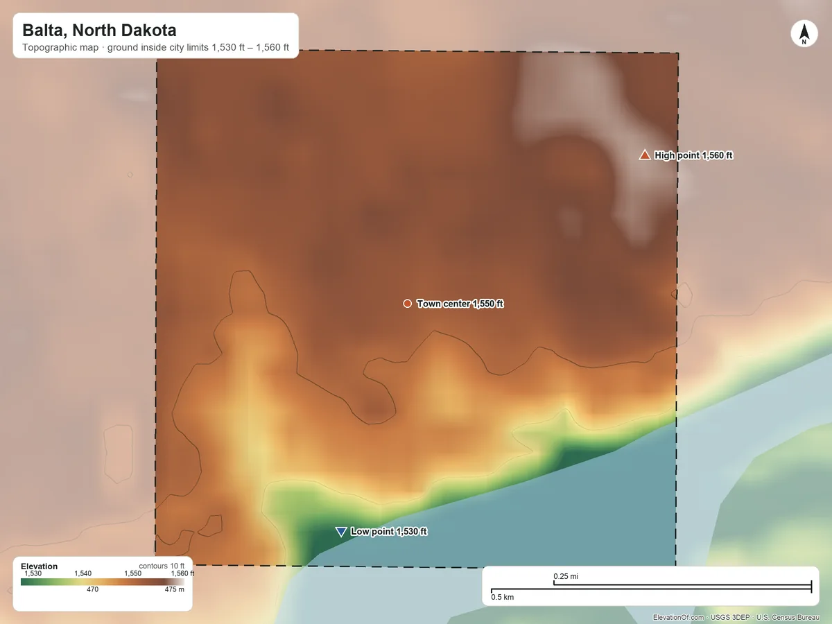 Topographic elevation map of Balta, North Dakota, shaded from 1,530 ft on the south side to 1,560 ft on the northeast side