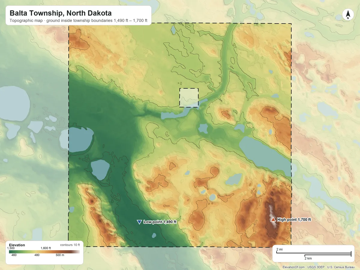 Topographic elevation map of Balta Township, North Dakota, shaded from 1,490 ft on the southwest side to 1,700 ft on the south side