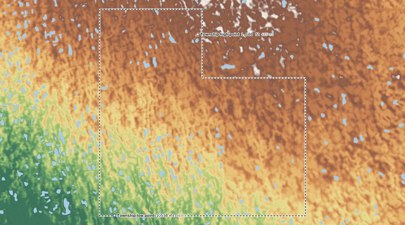 Topographic elevation map of Banner Township, Cavalier County, North Dakota, shaded from 1,530 ft on the southwest side to 1,600 ft on the north side
