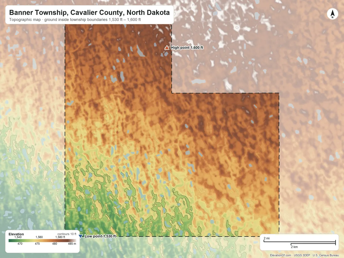 Topographic elevation map of Banner Township, Cavalier County, North Dakota, shaded from 1,530 ft on the southwest side to 1,600 ft on the north side
