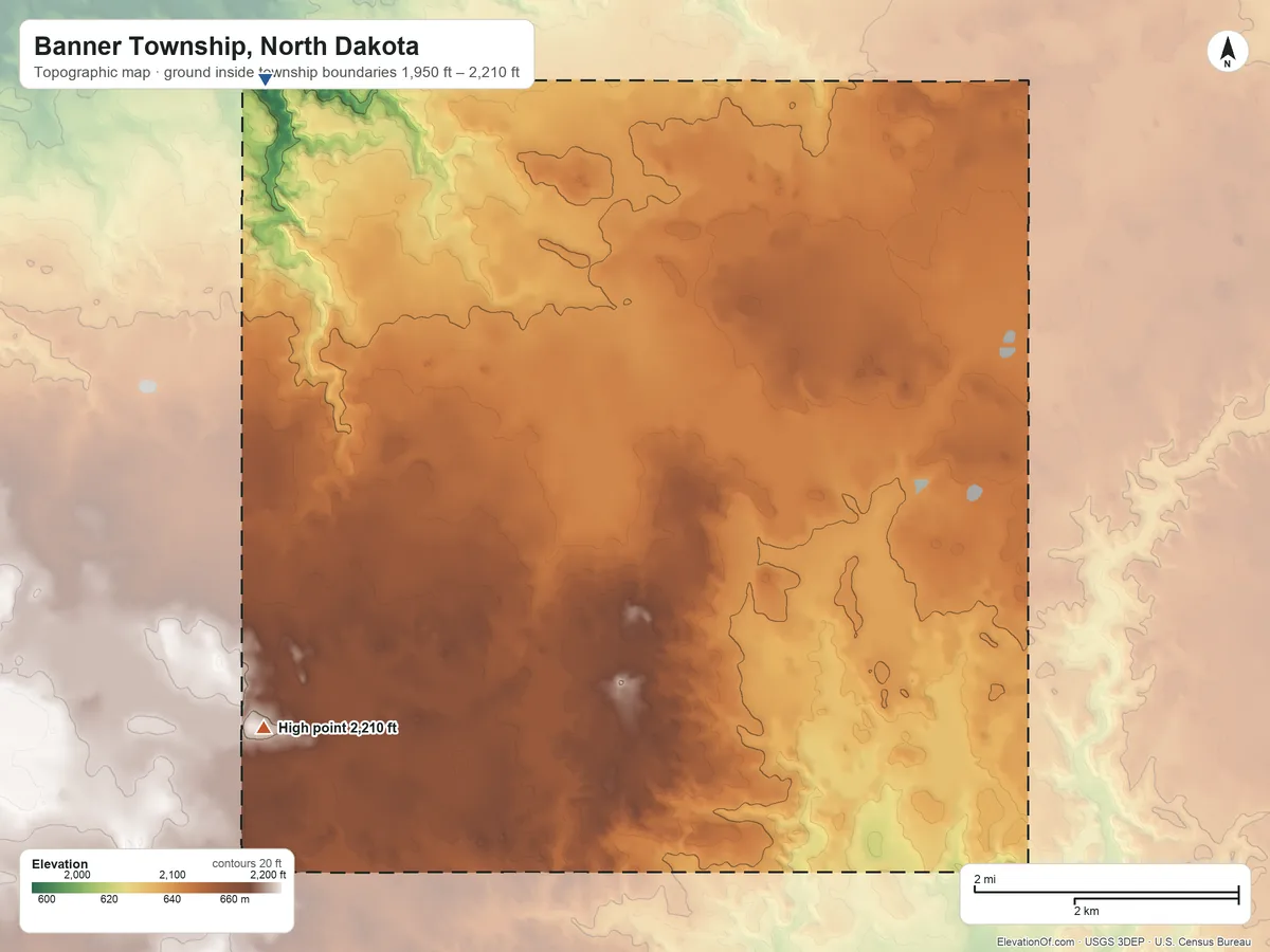 Topographic elevation map of Banner Township, North Dakota, shaded from 1,950 ft on the northwest side to 2,210 ft on the southwest side