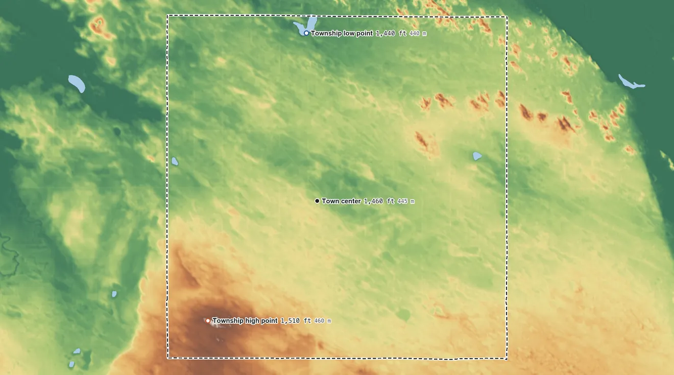 Topographic elevation map of Bantry Township, North Dakota, shaded from 1,440 ft on the north side to 1,510 ft on the southwest side