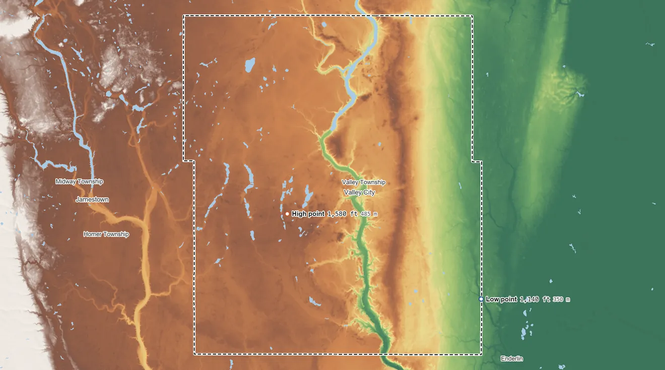 Topographic elevation map of Barnes County, North Dakota, shaded from 1,140 ft on the southeast side to 1,580 ft on the southwest side
