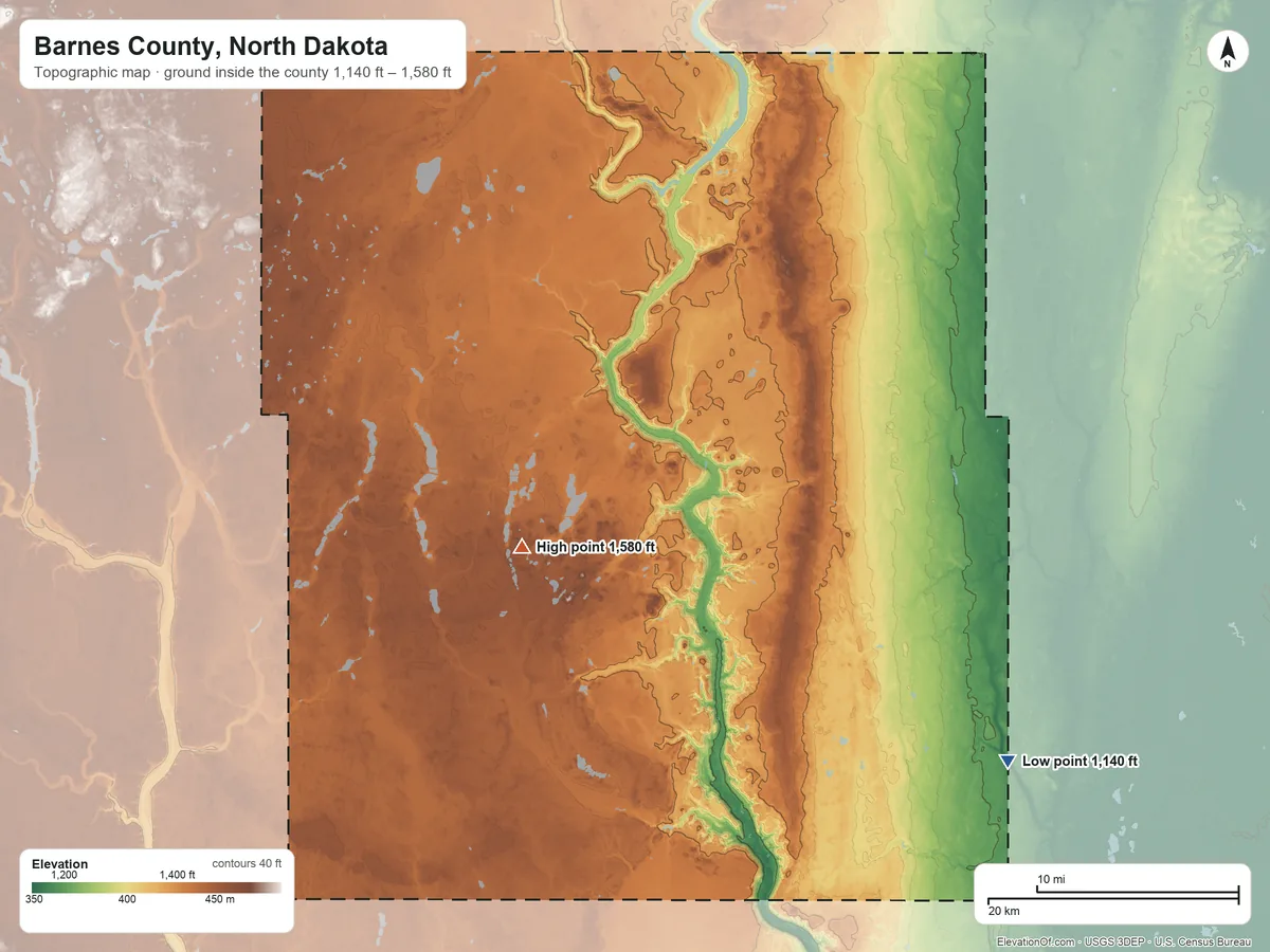 Topographic elevation map of Barnes County, North Dakota, shaded from 1,140 ft on the southeast side to 1,580 ft on the southwest side