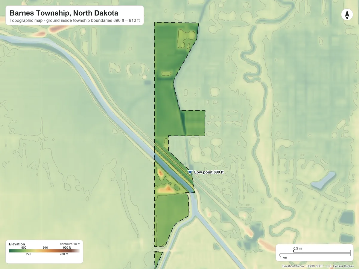 Topographic elevation map of Barnes Township, North Dakota, shaded from 890 ft on the south side to 910 ft on the south side