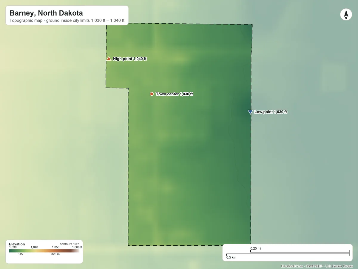 Topographic elevation map of Barney, North Dakota, shaded from 1,030 ft on the east side to 1,040 ft on the northwest side