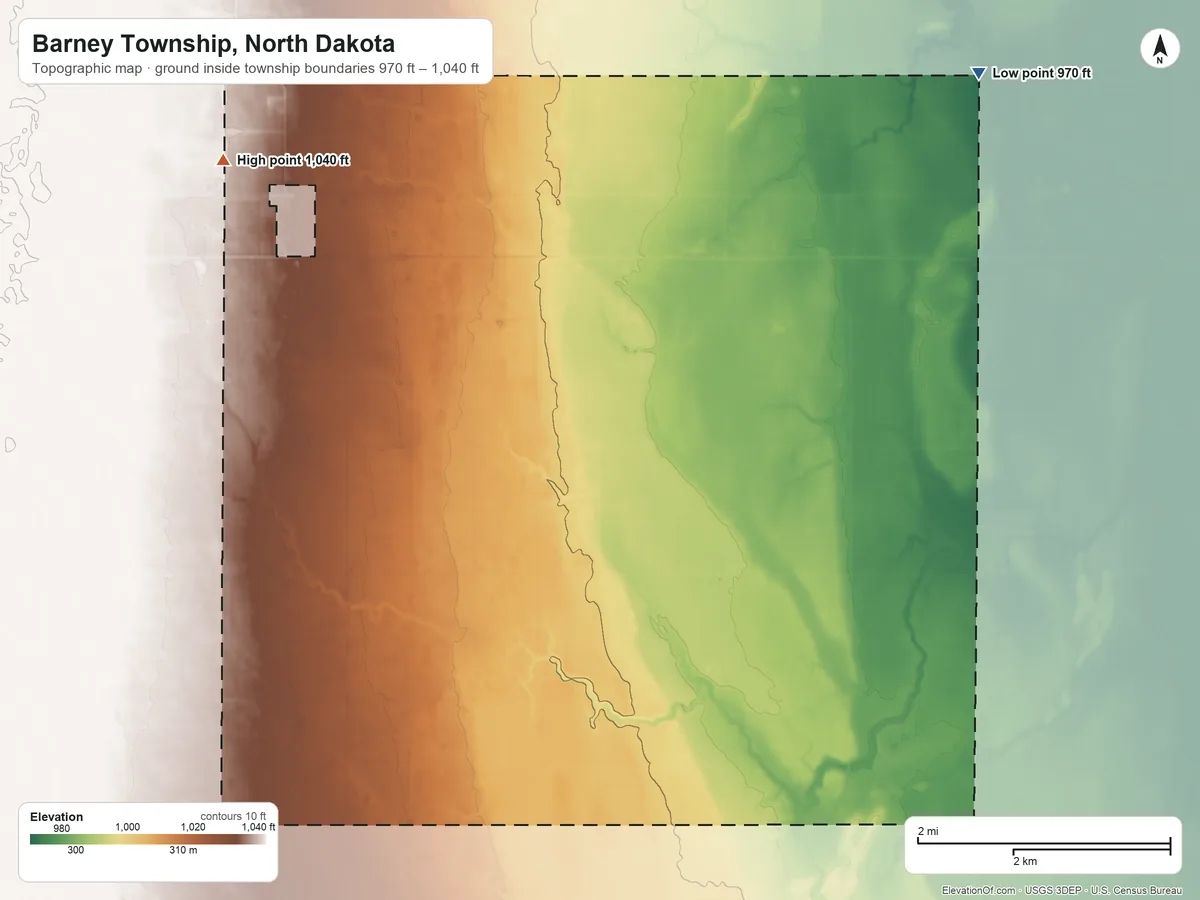 Topographic elevation map of Barney Township, North Dakota, shaded from 970 ft on the northeast side to 1,040 ft on the northwest side