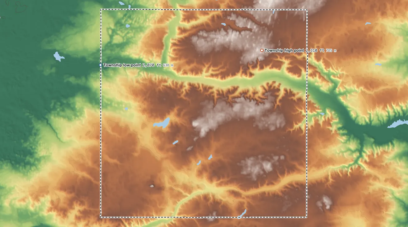 Topographic elevation map of Barr Butte Township, North Dakota, shaded from 2,070 ft on the northwest side to 2,310 ft on the northeast side