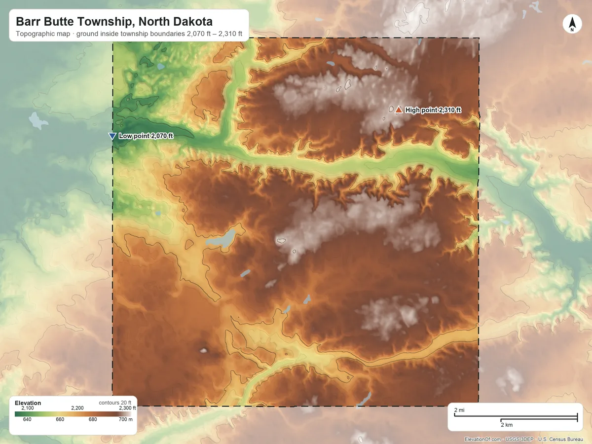 Topographic elevation map of Barr Butte Township, North Dakota, shaded from 2,070 ft on the northwest side to 2,310 ft on the northeast side