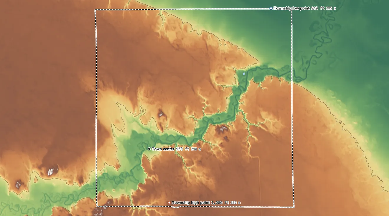 Topographic elevation map of Barrie Township, North Dakota, shaded from 940 ft on the northeast side to 1,080 ft on the south side