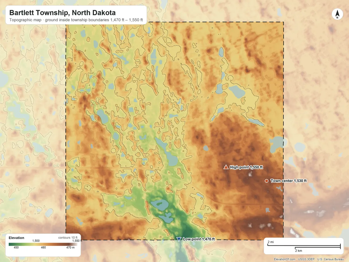 Topographic elevation map of Bartlett Township, North Dakota, shaded from 1,470 ft on the southwest side to 1,550 ft on the west side