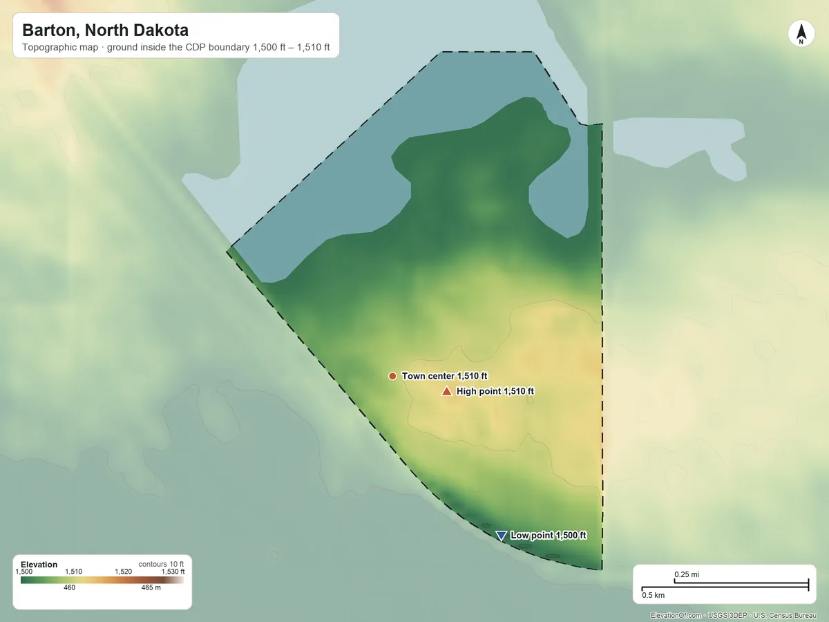 Topographic elevation map of Barton, North Dakota, shaded from 1,500 ft on the southeast side to 1,510 ft near the middle