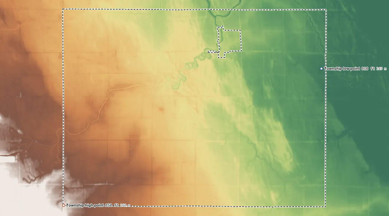 Topographic elevation map of Bathgate Township, North Dakota, shaded from 810 ft on the east side to 850 ft on the southwest side