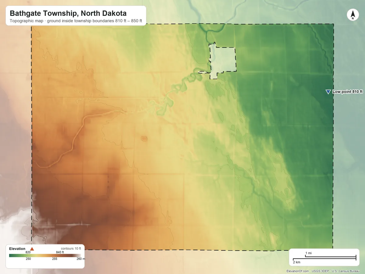 Topographic elevation map of Bathgate Township, North Dakota, shaded from 810 ft on the east side to 850 ft on the southwest side