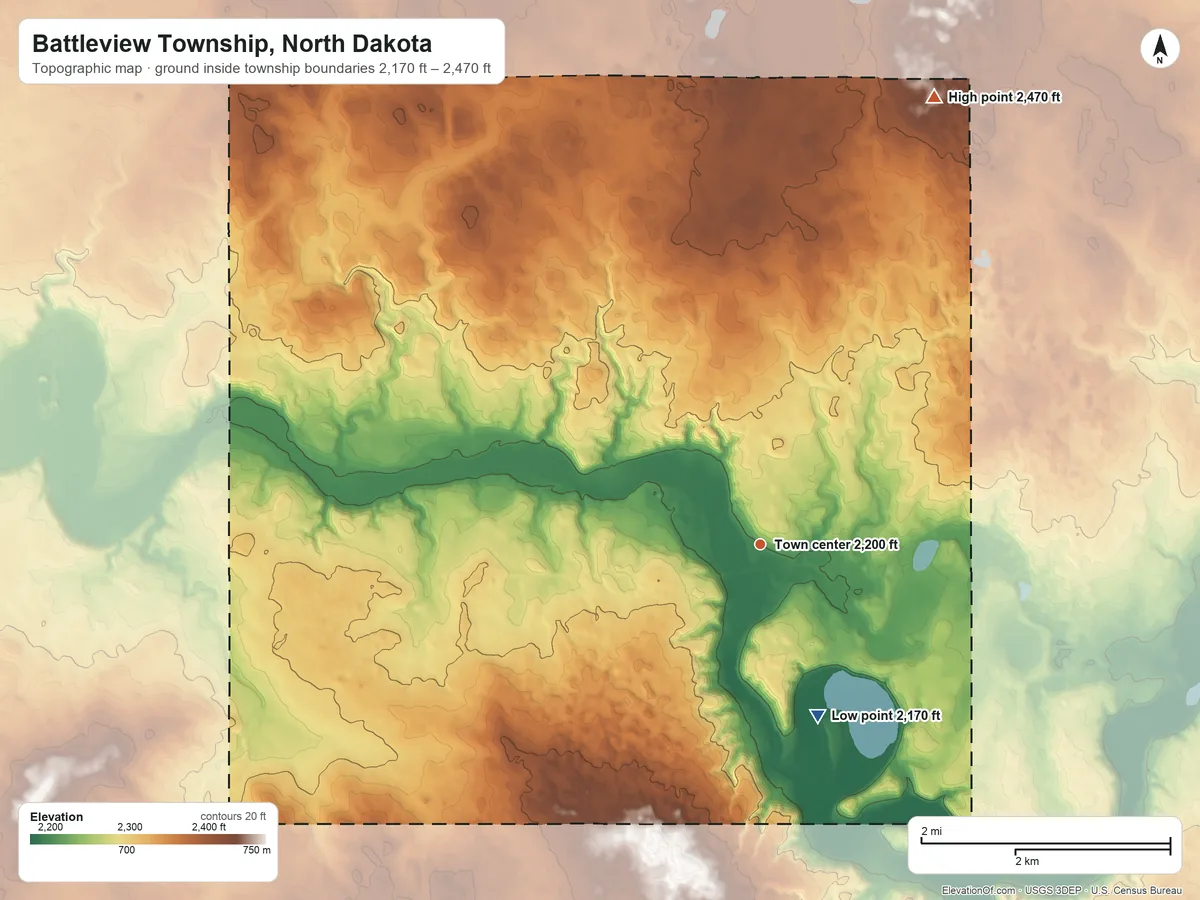 Topographic elevation map of Battleview Township, North Dakota, shaded from 2,170 ft on the south side to 2,470 ft on Grand View