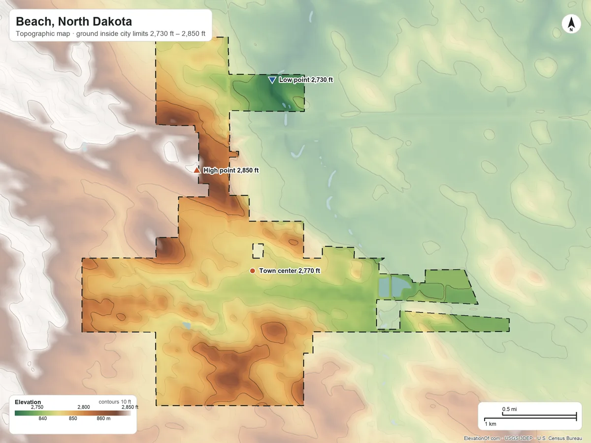 Topographic elevation map of Beach, North Dakota, shaded from 2,730 ft on the north side to 2,850 ft on the northwest side