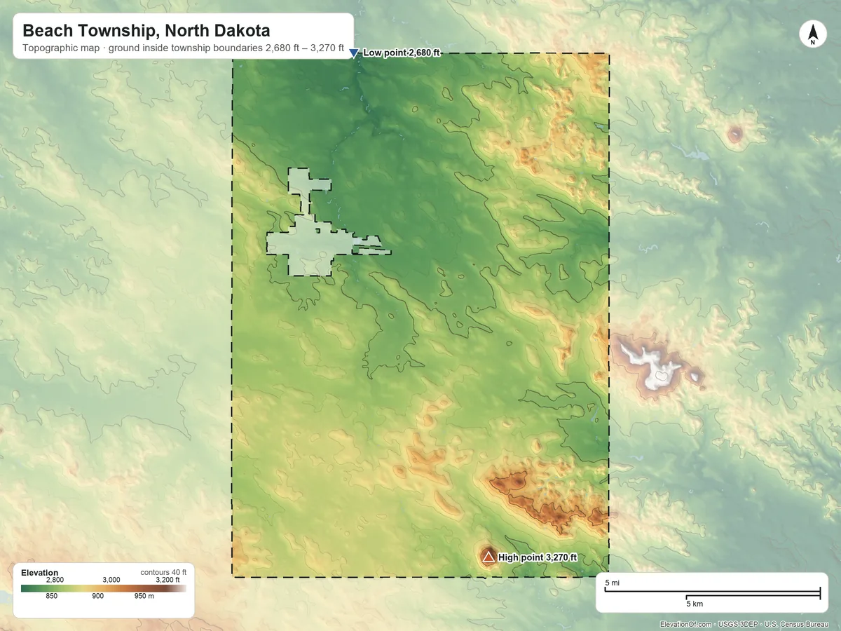 Topographic elevation map of Beach Township, North Dakota, shaded from 2,680 ft on the north side to 3,270 ft on Rocky Butte