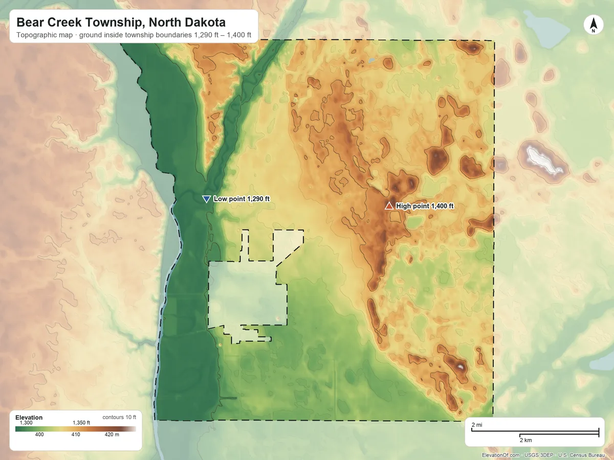 Topographic elevation map of Bear Creek Township, North Dakota, shaded from 1,290 ft on the northwest side to 1,400 ft on the northeast side