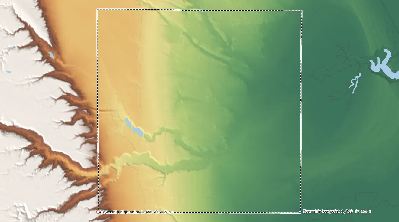 Topographic elevation map of Beaulieu Township, North Dakota, shaded from 1,010 ft on the southeast side to 1,450 ft on the southwest side