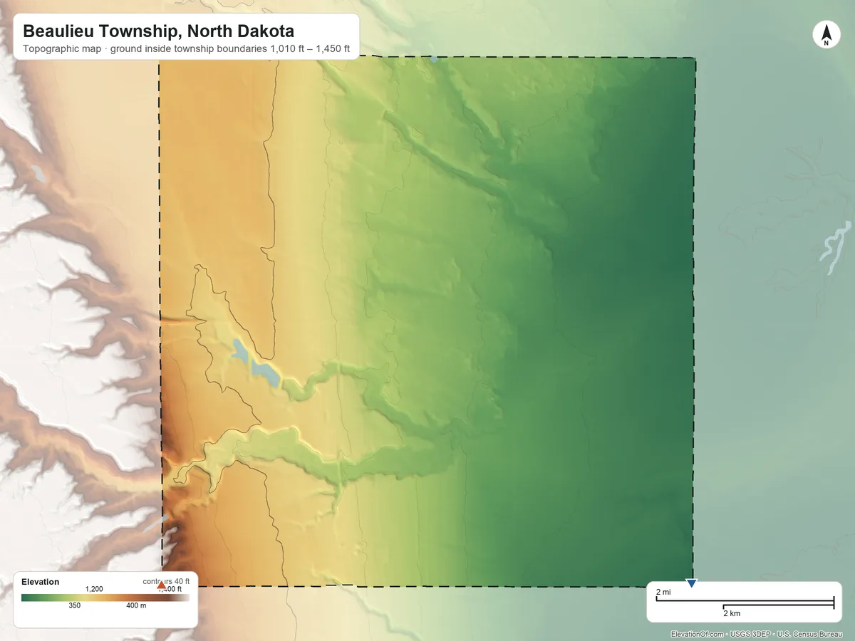 Topographic elevation map of Beaulieu Township, North Dakota, shaded from 1,010 ft on the southeast side to 1,450 ft on the southwest side