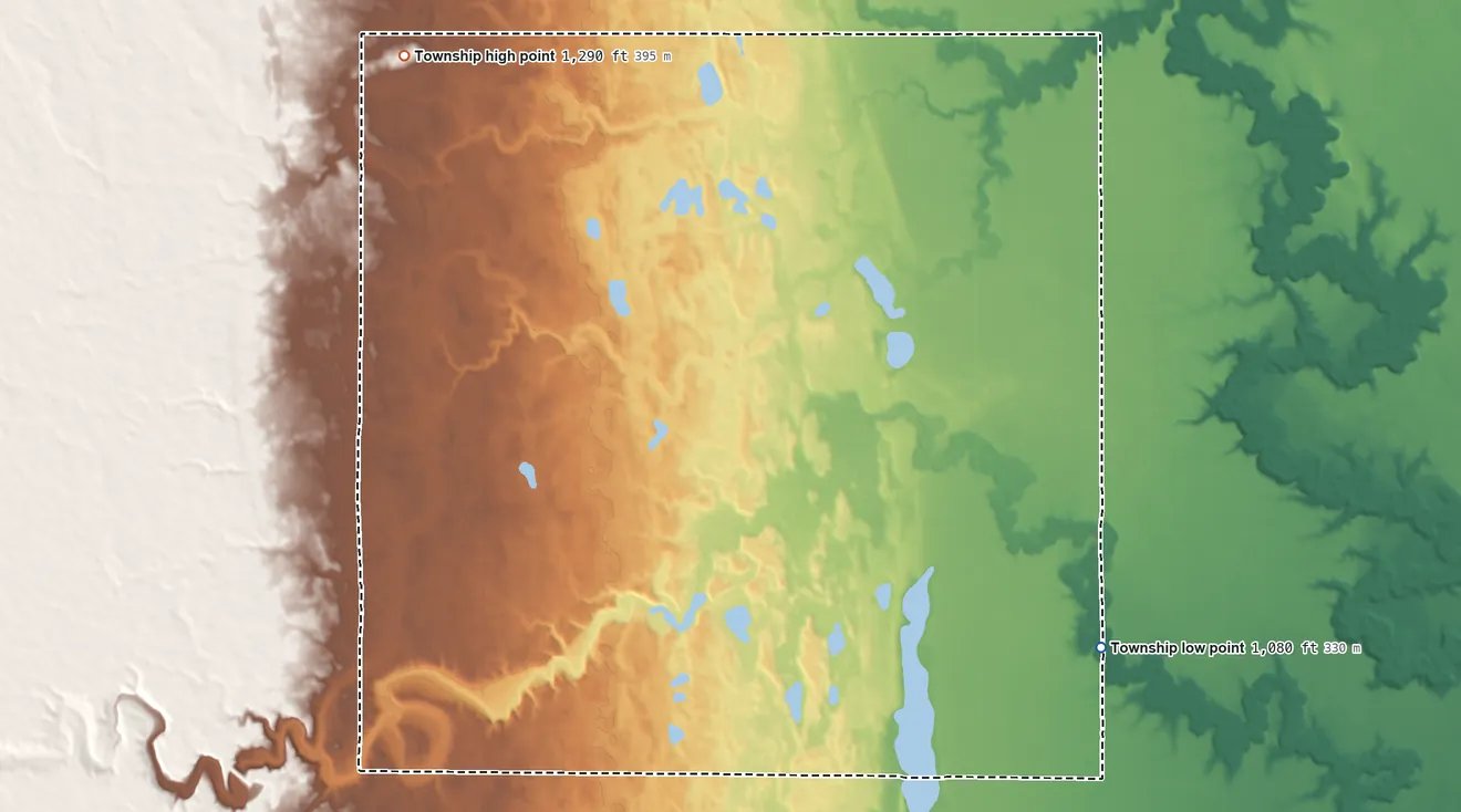 Topographic elevation map of Beaver Creek Township, North Dakota, shaded from 1,080 ft on the southeast side to 1,290 ft on the northwest side